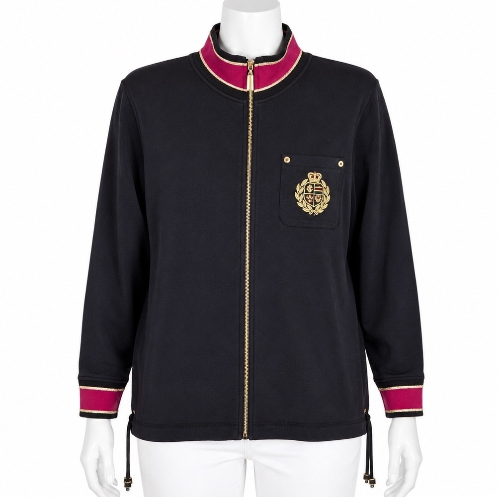 California Style Jacket Size Medium Black Preppy Crest Full Zip Mock Neck Cotton